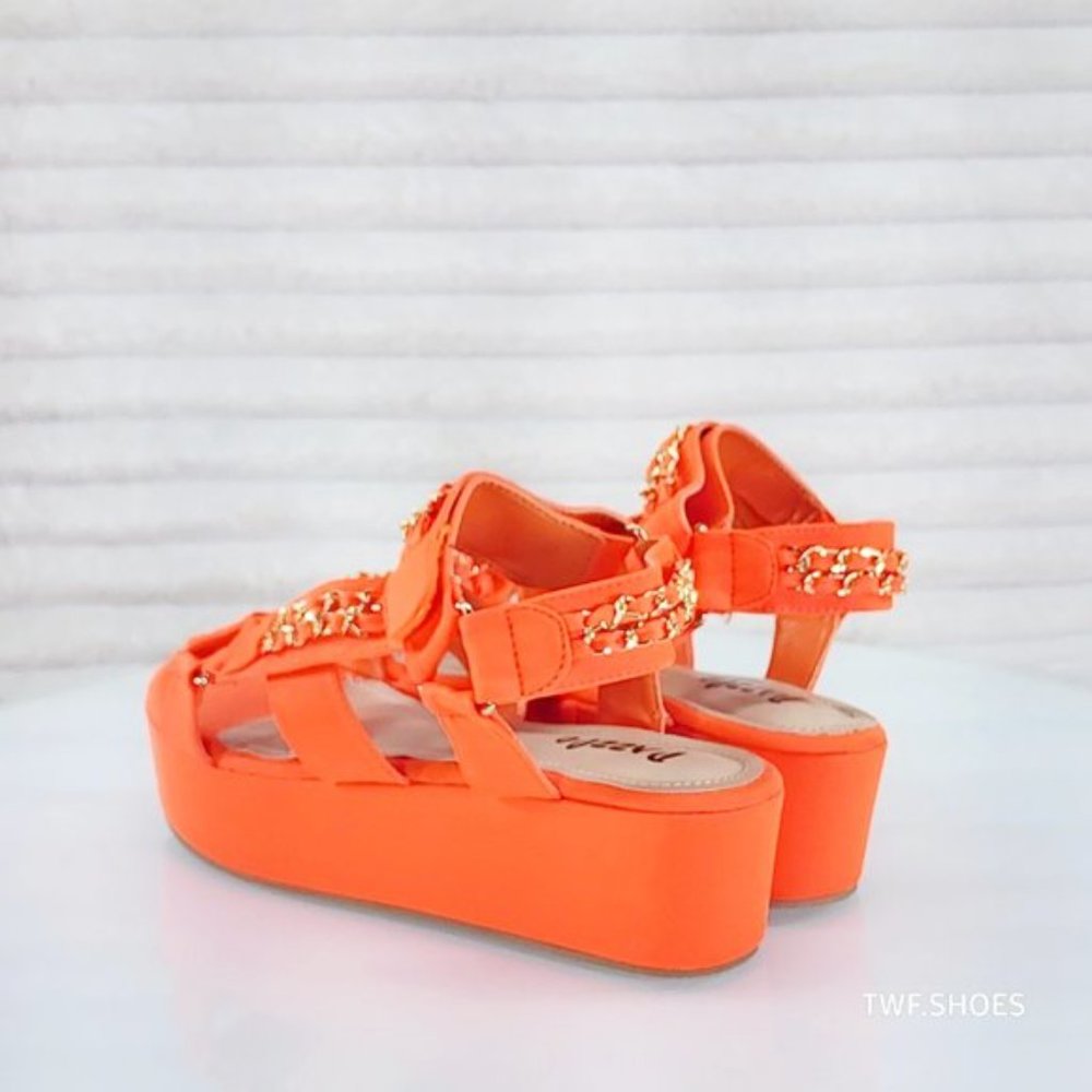 Mia Summer Platform Sandals 2" Flatform Comfy Chain Strap Neon Orange